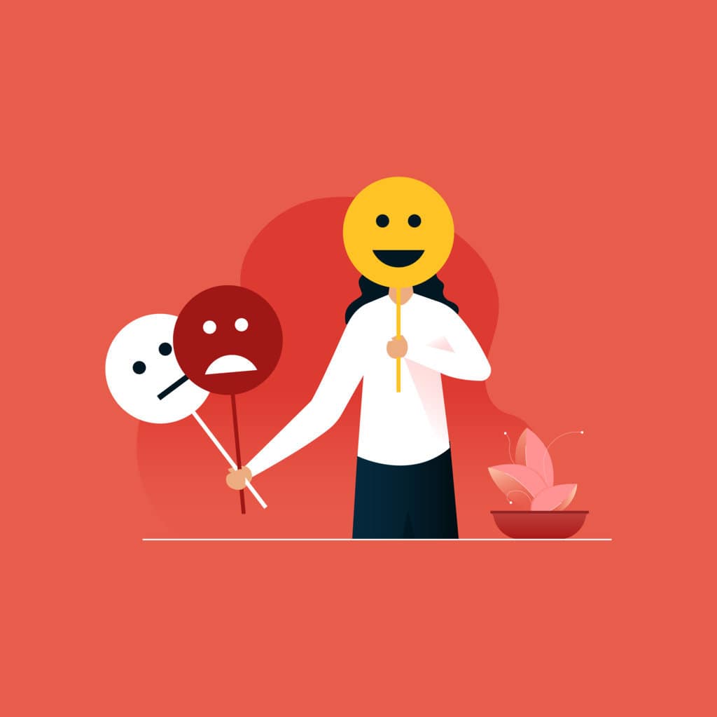 Women covering or hiding personality and her ecpressions with smiling mask vector concept of mood illustration FILEminimizer