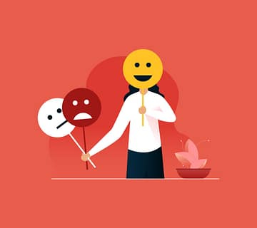 Women covering or hiding personality and her ecpressions with smiling mask vector concept of mood illustration FILEminimizer