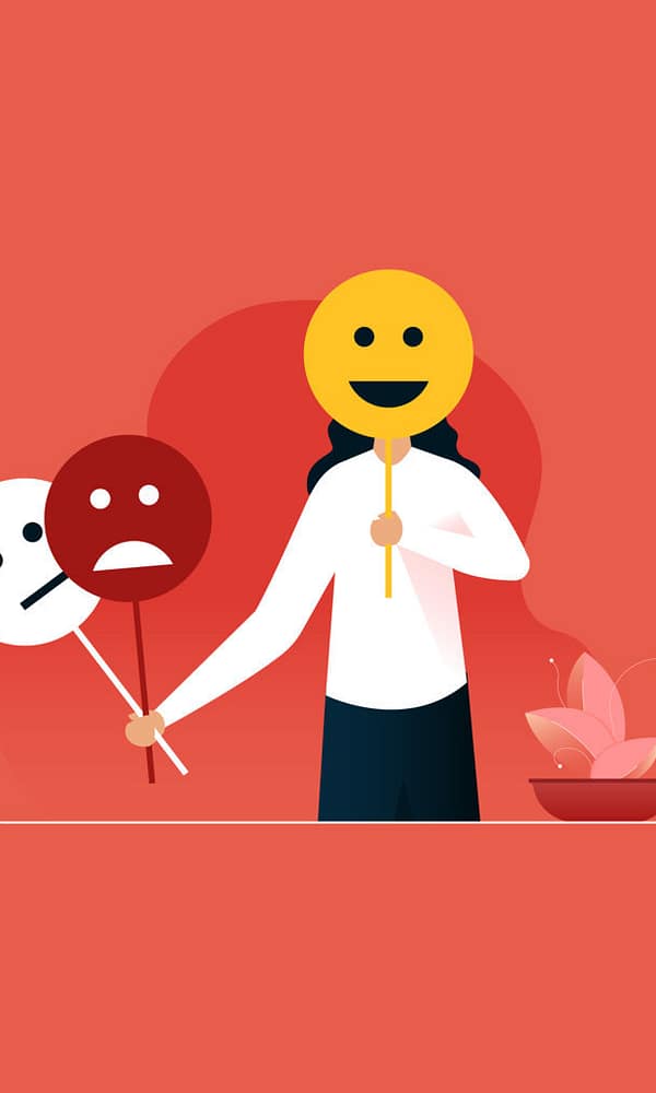 Women covering or hiding personality and her ecpressions with smiling mask vector concept of mood illustration FILEminimizer